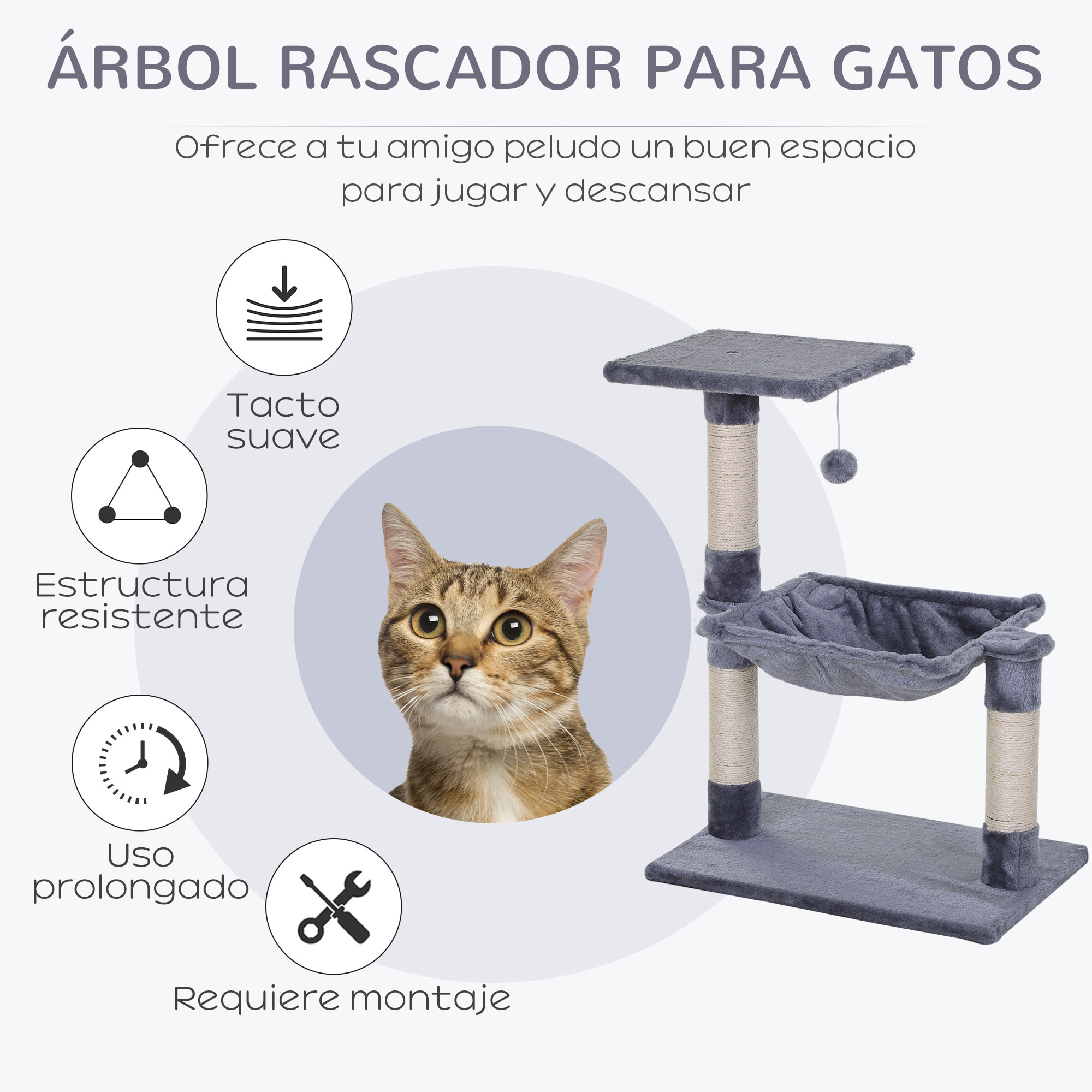 Árbol Rascador para Gatos Torre para Gatos 50x36x70 cm Centro de Actividad con Hamaca Plataforma Postes de Sisal y Bola Colgante Gris