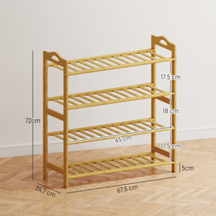 Étagère bambou style naturel - étagère à chaussures 4 niveaux - dim. 67,5 x 24,7 x 72 cm