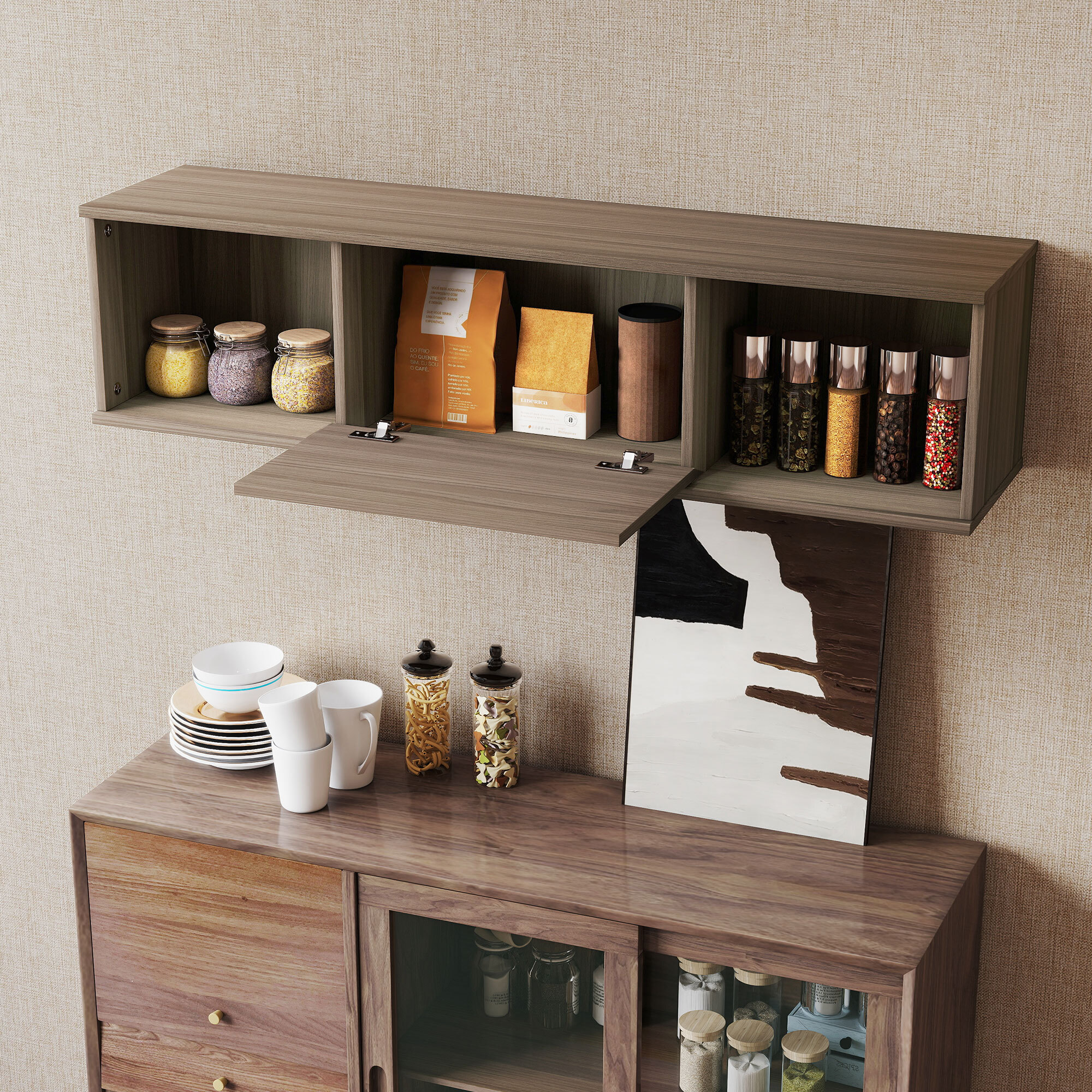 Armario de Pared, Armario de Almacenaje Colgante con 2 Compartimentos Abiertos y Puerta Abatible, Mueble de TV para Salón, Cocina, Baño, 120x30x29,5 cm, Marrón