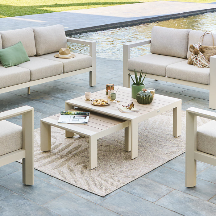 Table basse de jardin carrée "Évasion" argile & lin 65 x 65cm en aluminium