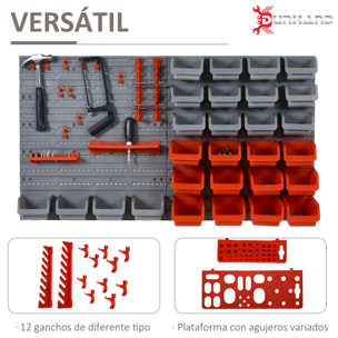 DURHAND Estante de Pared Organizador para Herramientas Estanterías de Almacenaje con 28 Cajas Apilables y Diferentes Ganchos 54x22x95 cm Gris y Rojo