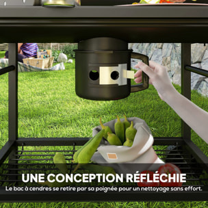 Barbecue charbon de bois avec couvercle 2 roues - 2 tablettes pliables, étagère, thermomètre - acier noir