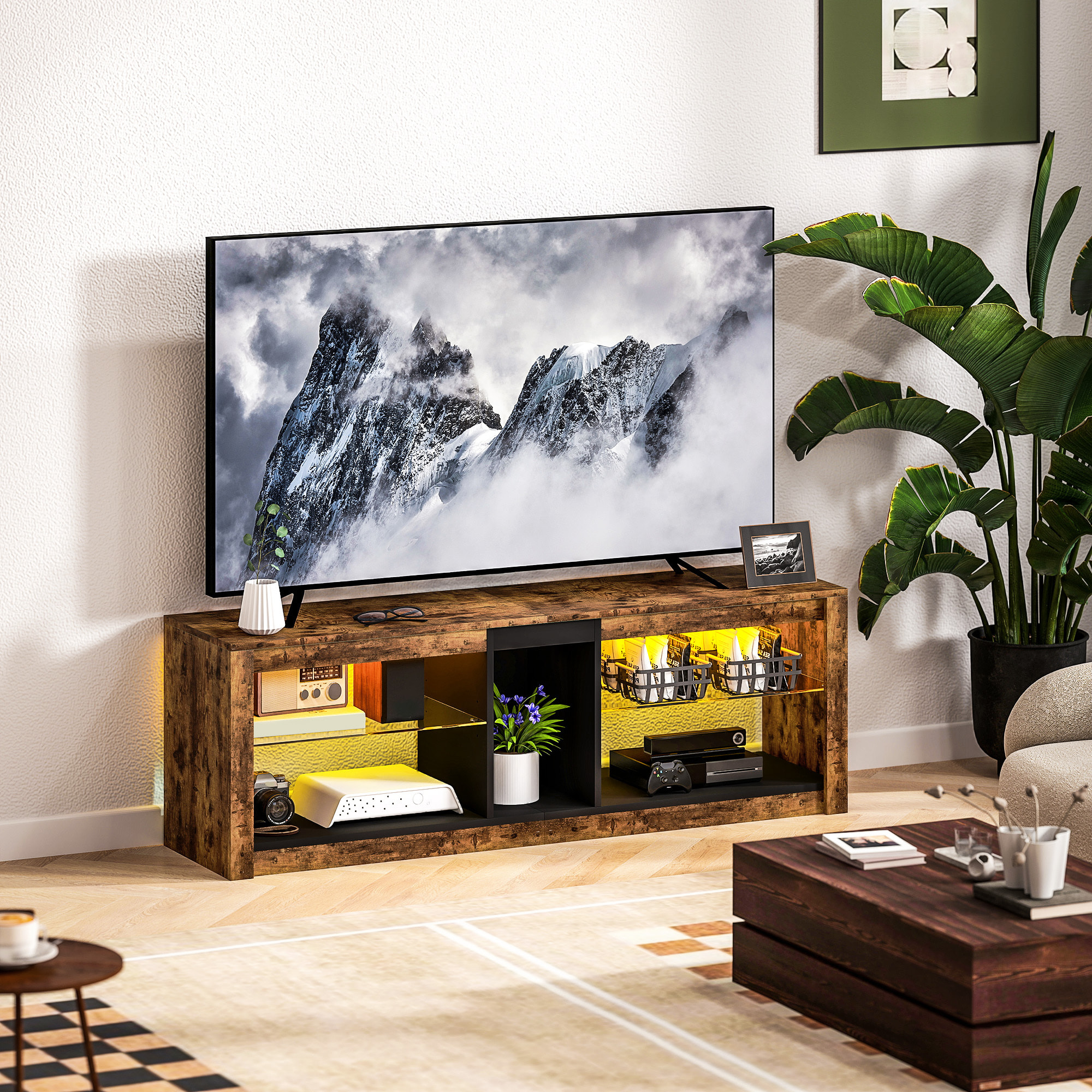 Meuble TV LED avec télécommande - banc TV design industriel - 2 étagères verre, niche centrale - effet bois noir
