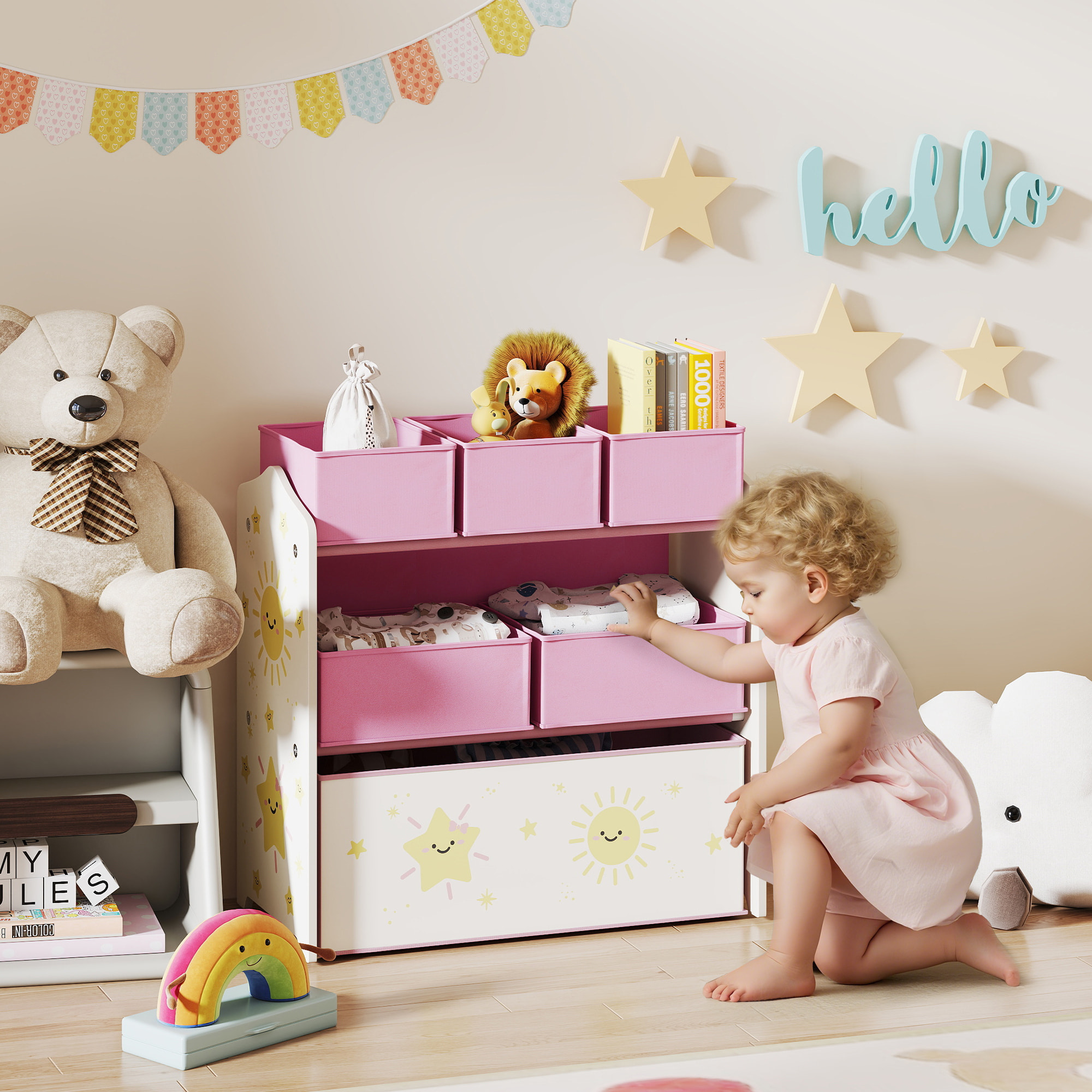 Étagère de rangement enfant design étoile soleil - 6 tiroirs en tissu - MDF - rose