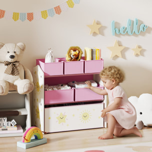 Étagère de rangement enfant design étoile soleil - 6 tiroirs en tissu - MDF - rose