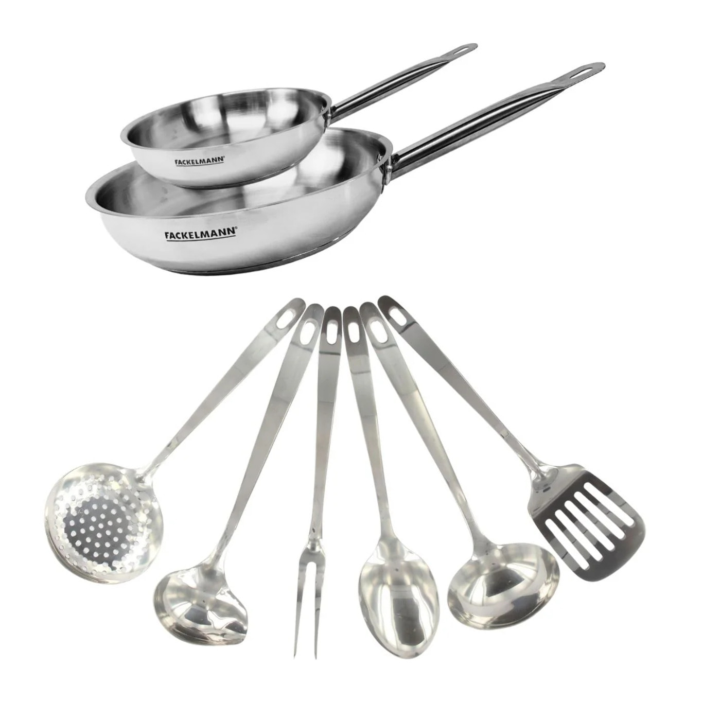 Set de 2 poêles en inox et 6 ustensiles inox Fackelmann Eterna