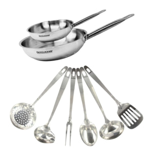 Set de 2 poêles en inox et 6 ustensiles inox Fackelmann Eterna