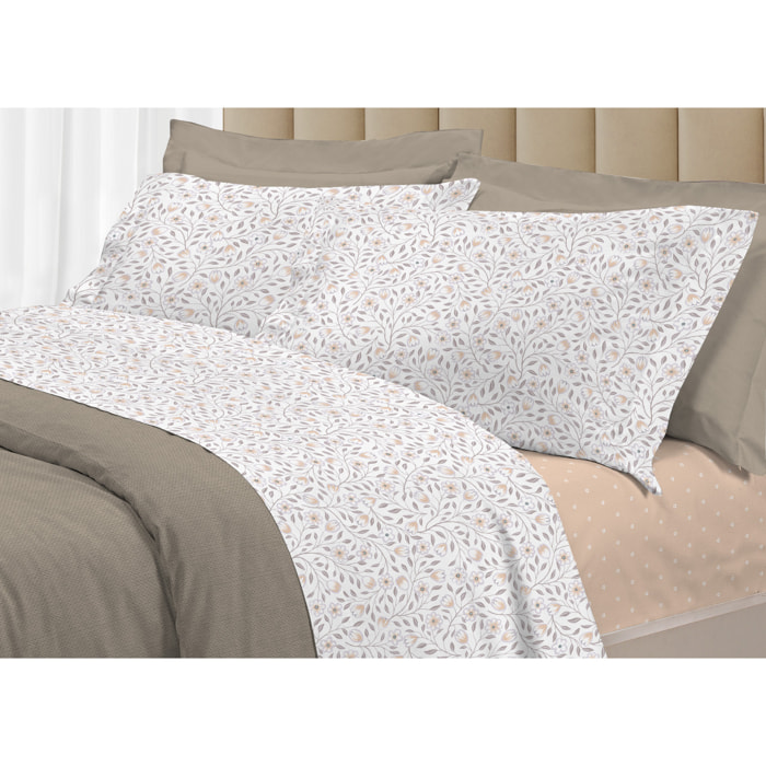 Completo Lenzuola Linea 3027 In Percalle Fantasia Floreale Disegno Melody Beige