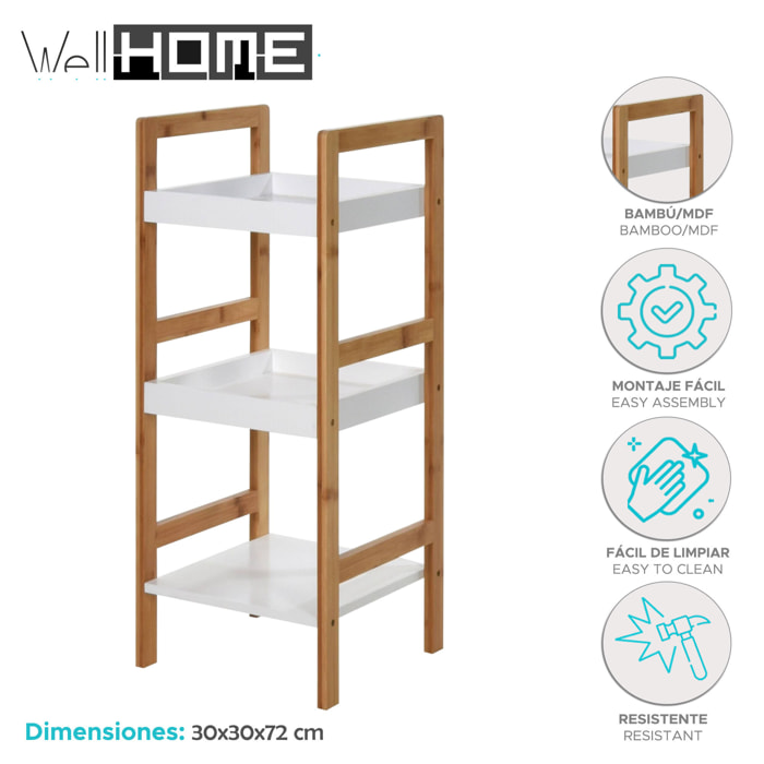 Well home estantería de baño con 3 estantes en mdf y patas de bambú h.72cm