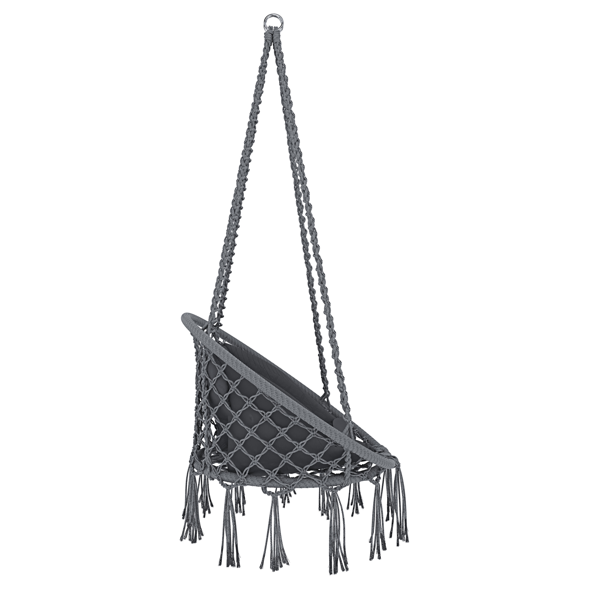 Poltrona Sospesa Pensile Da Giardino Con Corda In Cotone Effetto Macramè E Struttura In Acciaio Cuscino Sedia Dondolo Amaca Fino A 160 Kg Grigio
