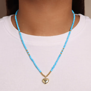 Collana con Bead Lucide, Agata Blu e Ciondolo Cuore Martellato