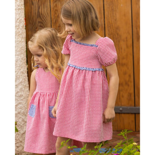 VESTIDO VICHY ROJO MANGA ABULLONADA Y VOLANTE VICHY AZUL