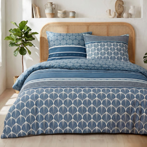 Parure housse de couette 260x240 cm imprimée contemporain bleu + 2 taies 100% Coton - OASILIS