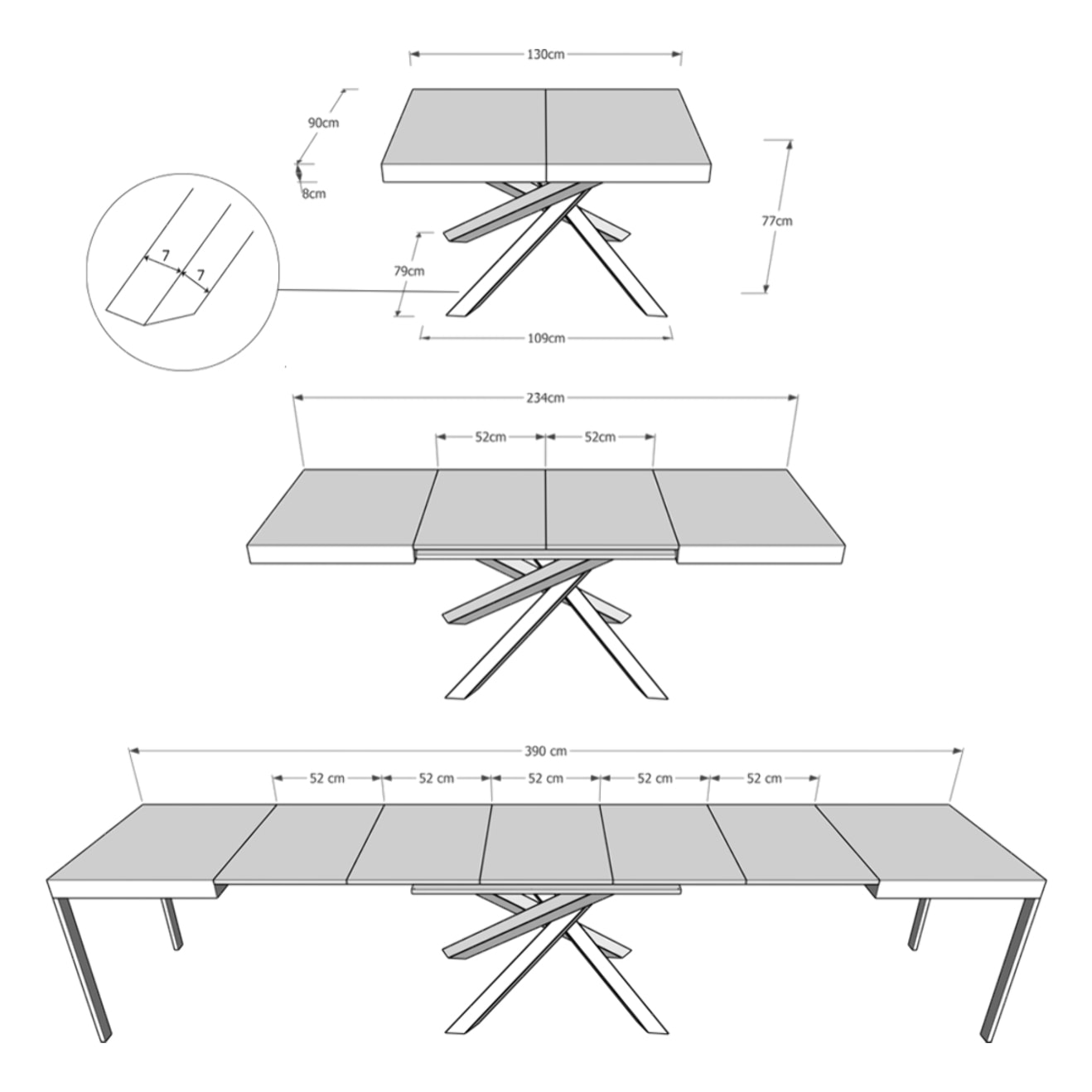 Tavolo allungabile 90x130/390 cm Volantis cemento telaio bianco