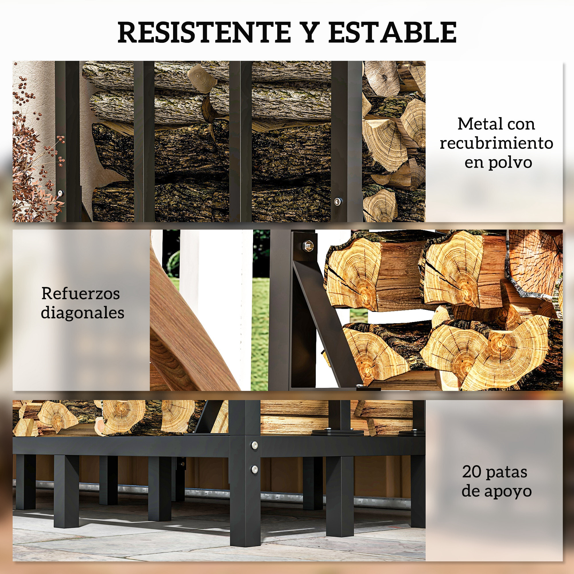 Soporte para Leña con Cubierta Estante de Leña Leñero de Metal con Estructura Reforzada Carga 1200 kg para Interior y Exterior 143x70x145 cm Negro