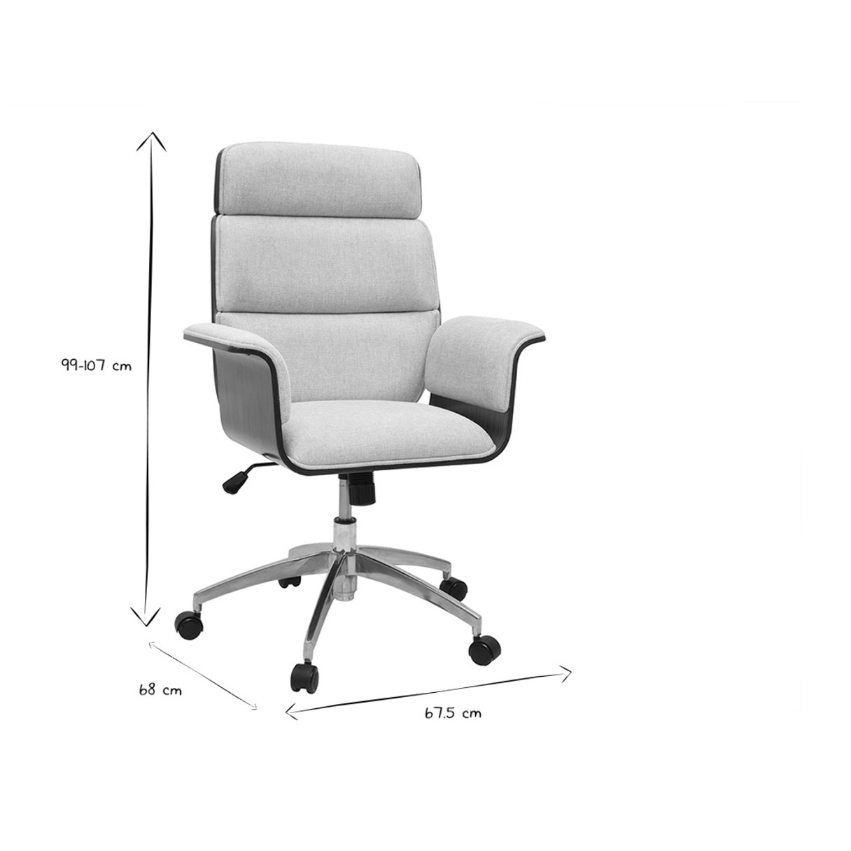 Fauteuil de bureau à roulettes design en tissu effet velours texturé beige, bois foncé et acier chromé ELON