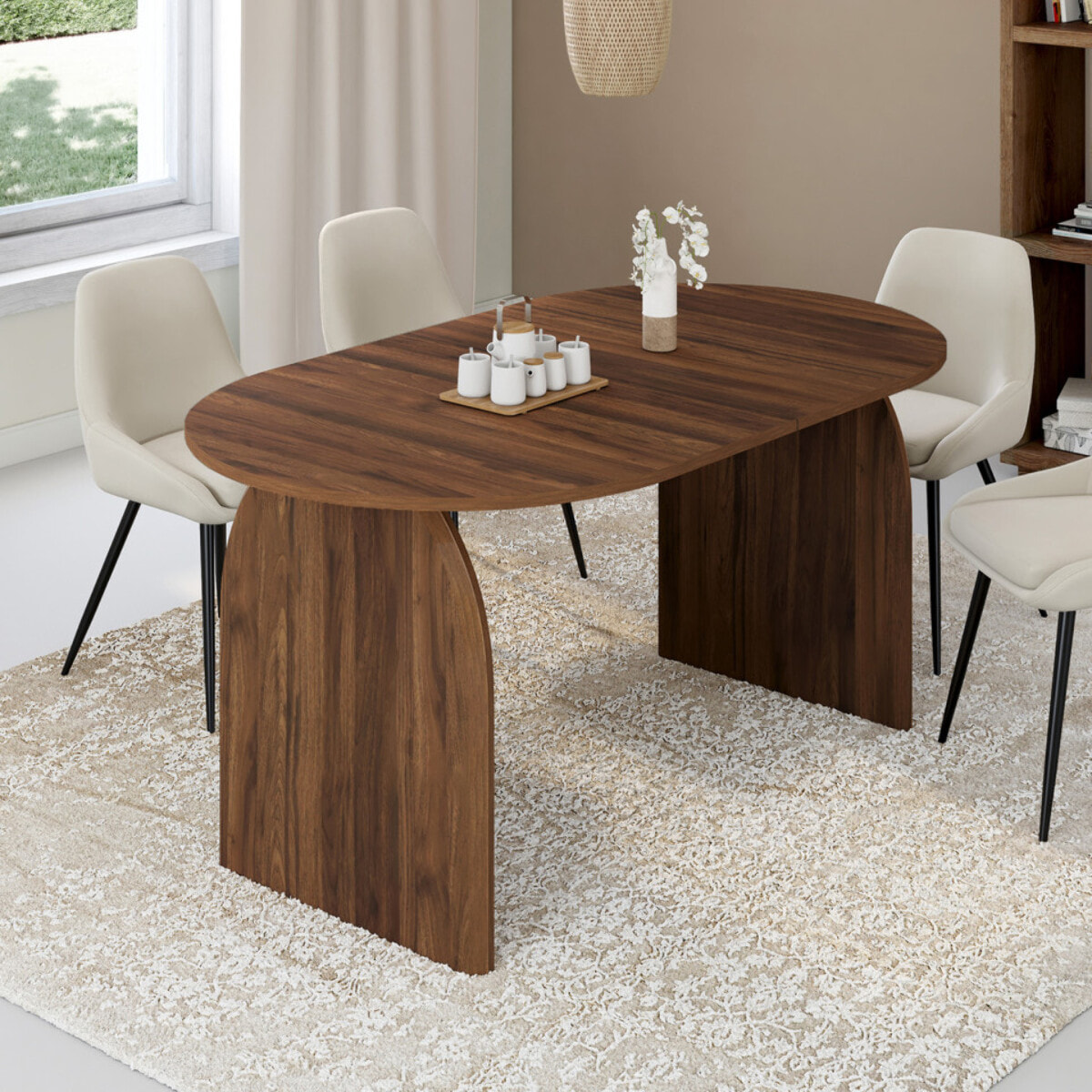 Table à manger extensible Japandi effet bois noyer 160-200cm