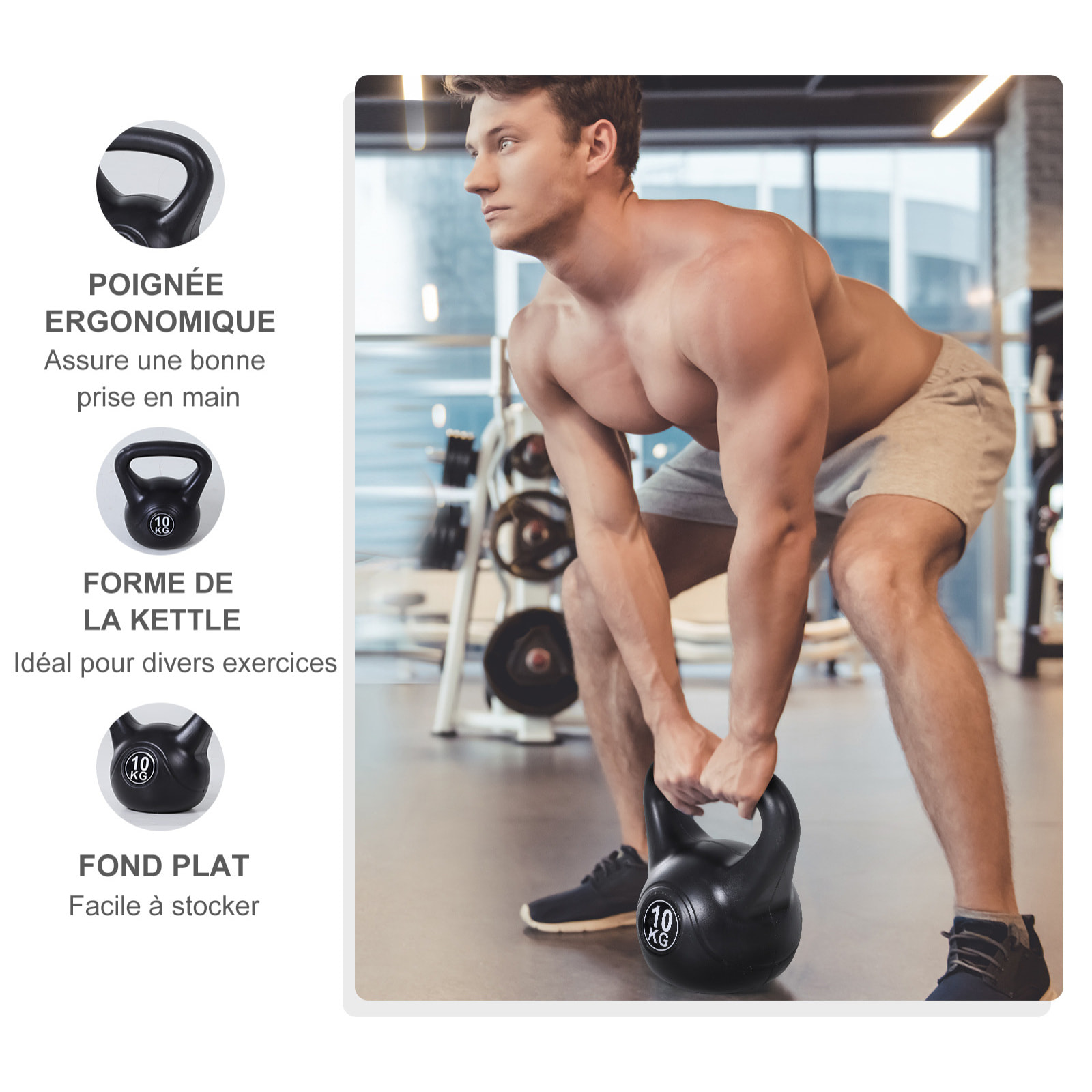 Kettlebell 10 Kg - haltère boule - poignée ergonomique - PVC noir