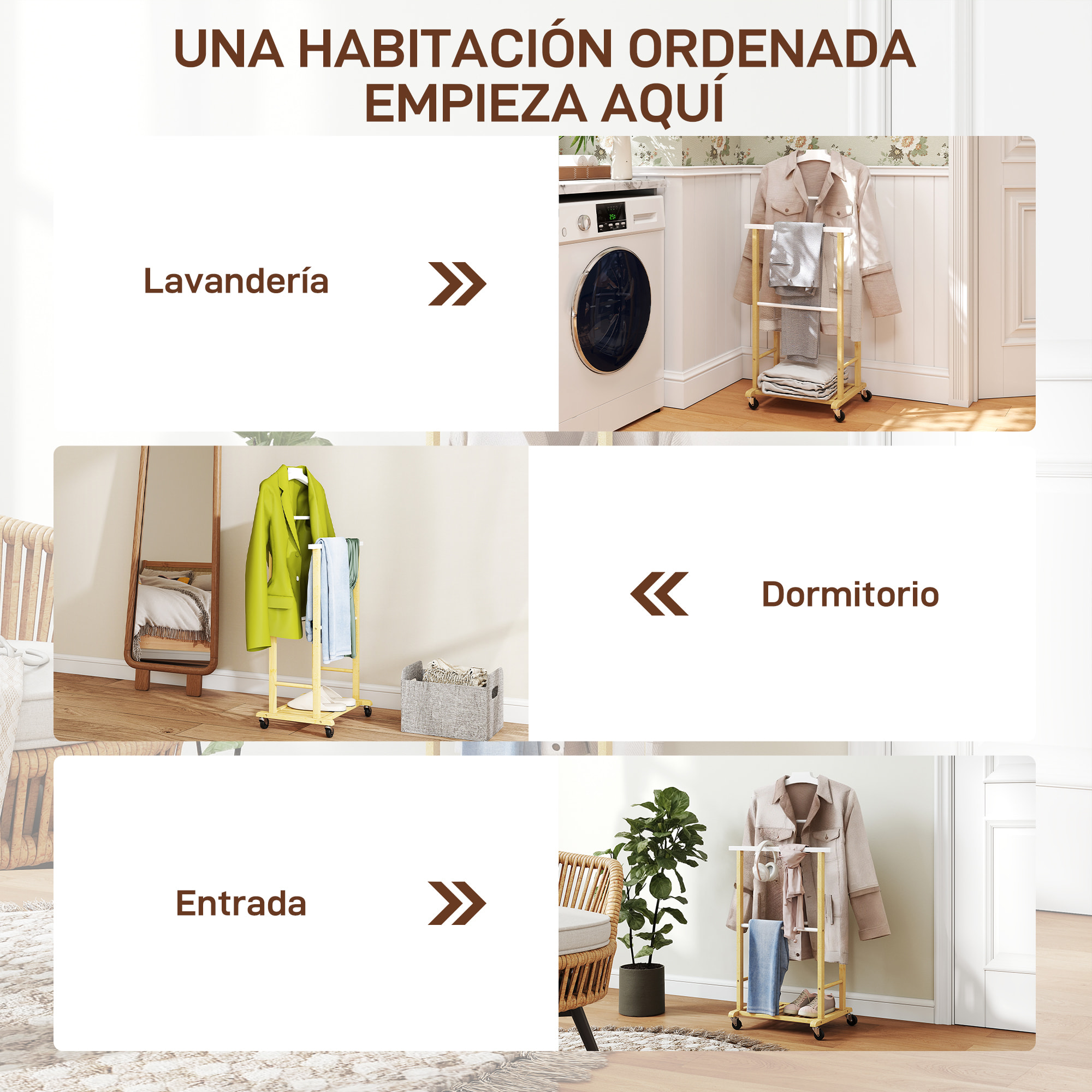 Galán de Noche de Bambú con Ruedas, Perchero Burro de Ropa con Barras para Pantalones y Balda Inferior para Zapatos, Estilo Nórdico, para Dormitotio, 47x33,7x105,5 cm, Natural y Blanco