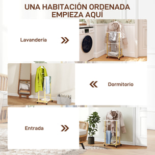 Galán de Noche de Bambú con Ruedas, Perchero Burro de Ropa con Barras para Pantalones y Balda Inferior para Zapatos, Estilo Nórdico, para Dormitotio, 47x33,7x105,5 cm, Natural y Blanco