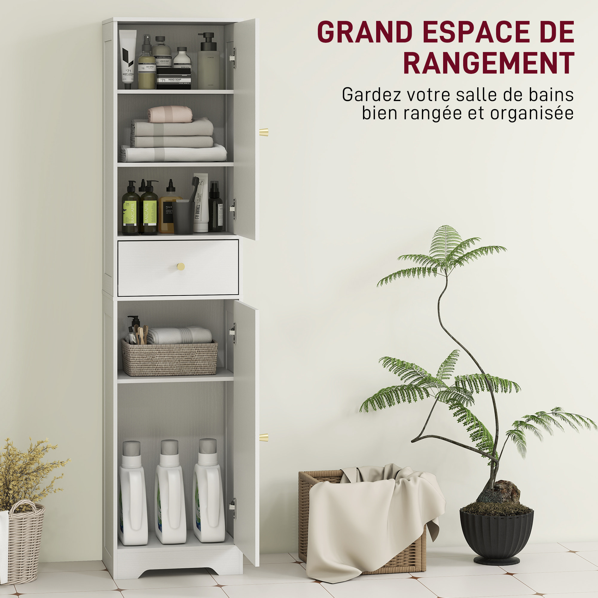 Colonne salle de bain design - 2 portes, 3 étagères, tiroir - dim. 40 x 29,5 x 170 cm - blanc doré