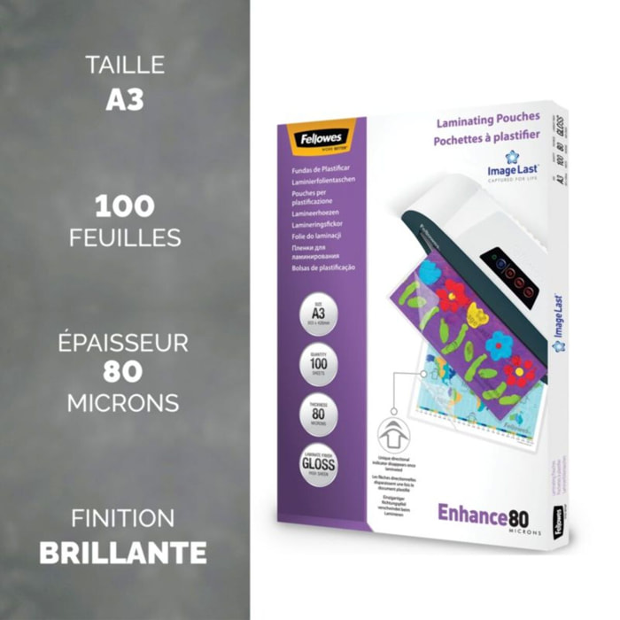Consommable de bureau pour plastifieuse FELLOWES plastification A3 80 mic x100