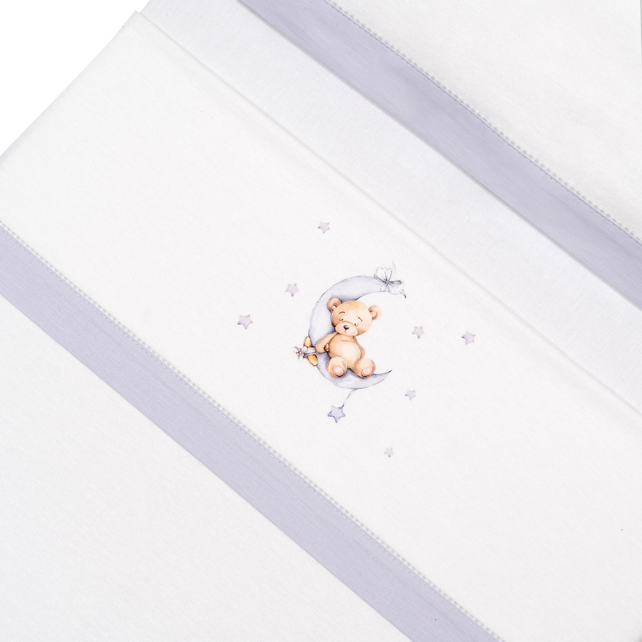 Triptico Cuna Franela Estampado Oso Luna Estrellas Bco/Gris