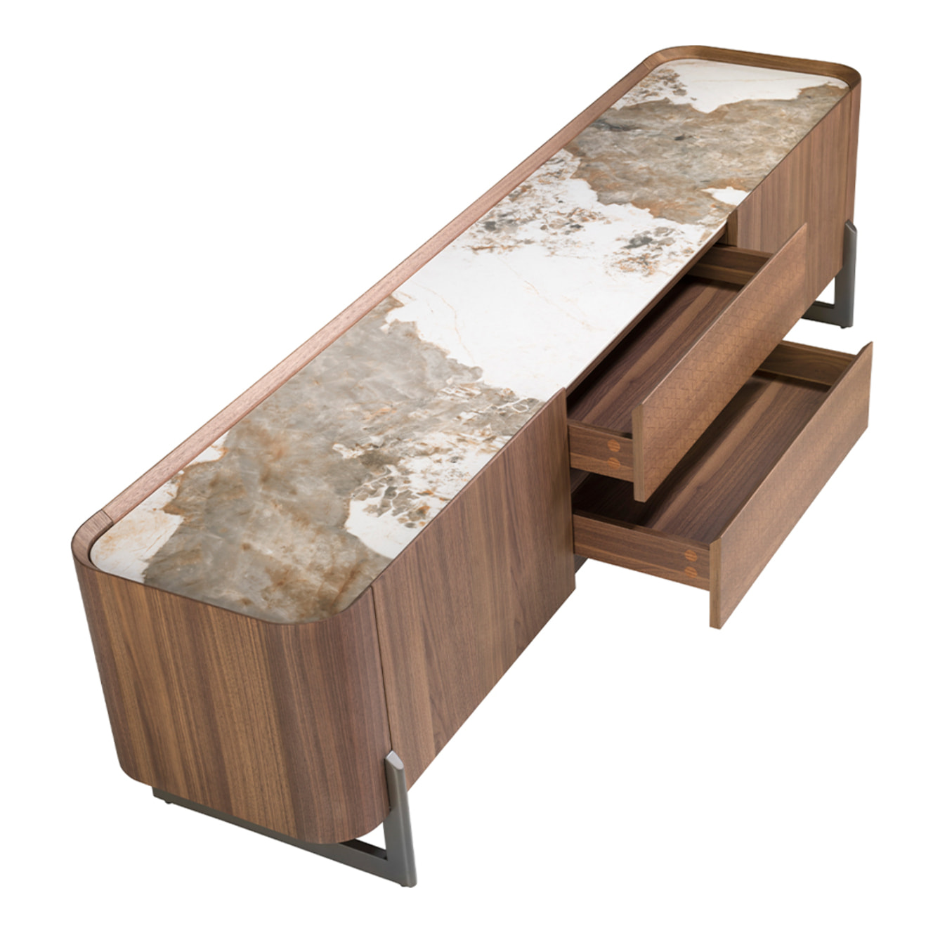 Mueble TV de madera chapada en nogal natural y patas de acero inoxidable oscuro metalizado tapa de mármol porcelánico blanco con vetas en tonalidades grises y marrones en brillo 200x45x52cm