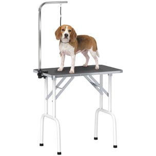 PawHut Mesa de Peluquería Canina Plegable, Mesa de Aseo con Encimera Antideslizante, Brazo de Acero Inoxidable Ajustable, para Perros Pequeños y Medianos, 81x48,5x80 cm, Negro