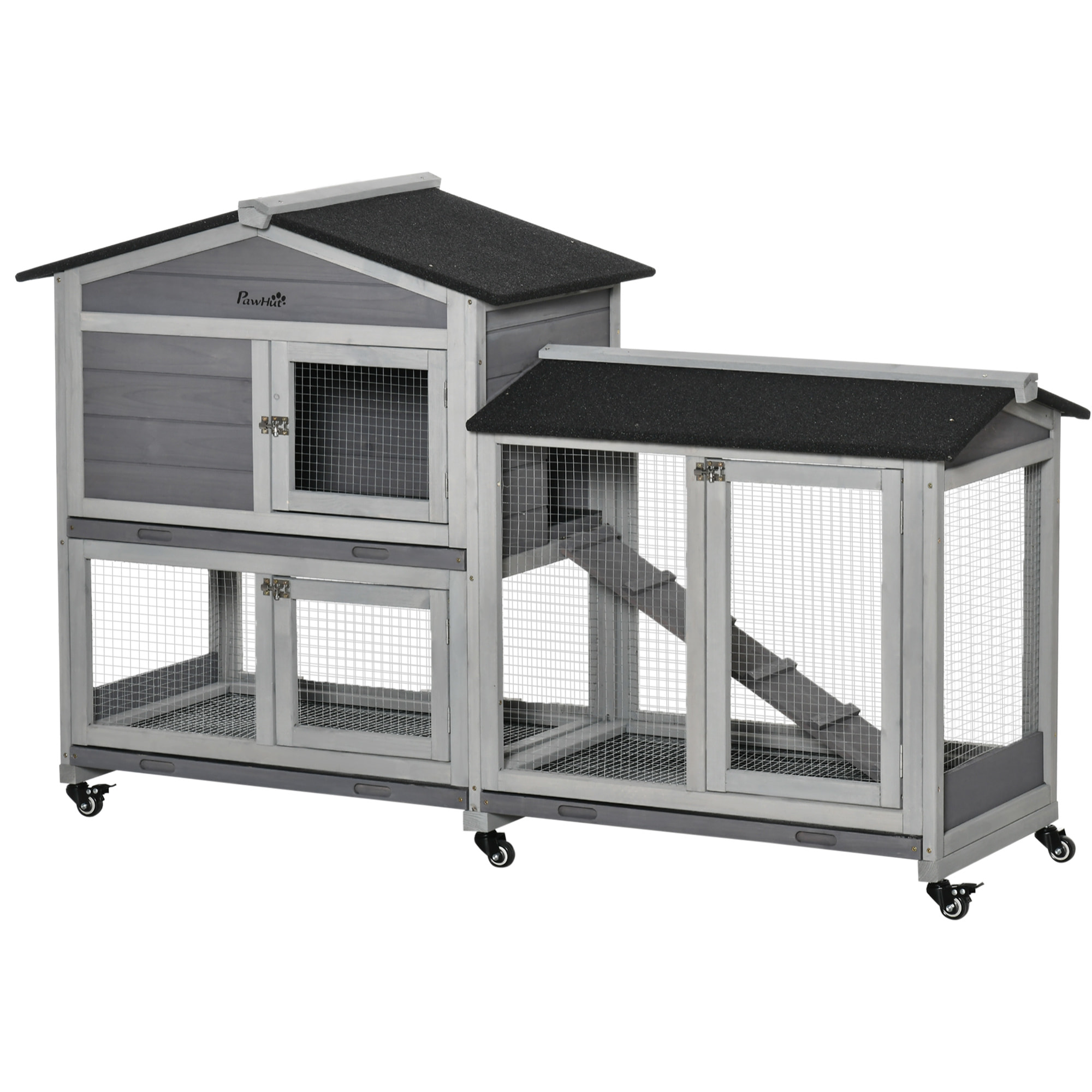 Conejera de Madera 157,4x53x99,5 cm Jaula para Conejos Grande con Ruedas Techo Asfáltico Bandeja Extraíble y Rampa para Exterior Gris