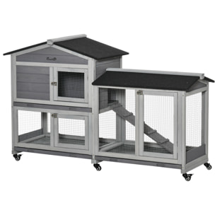Conejera de Madera 157,4x53x99,5 cm Jaula para Conejos Grande con Ruedas Techo Asfáltico Bandeja Extraíble y Rampa para Exterior Gris