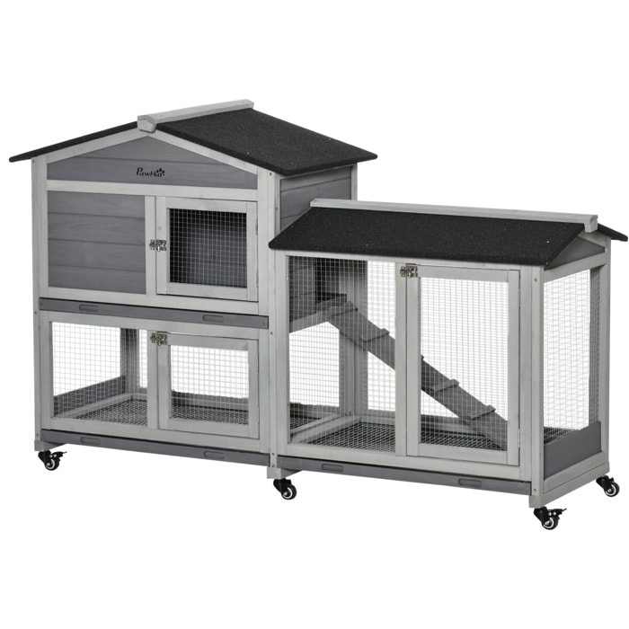 Conejera de Madera 157,4x53x99,5 cm Jaula para Conejos Grande con Ruedas Techo Asfáltico Bandeja Extraíble y Rampa para Exterior Gris