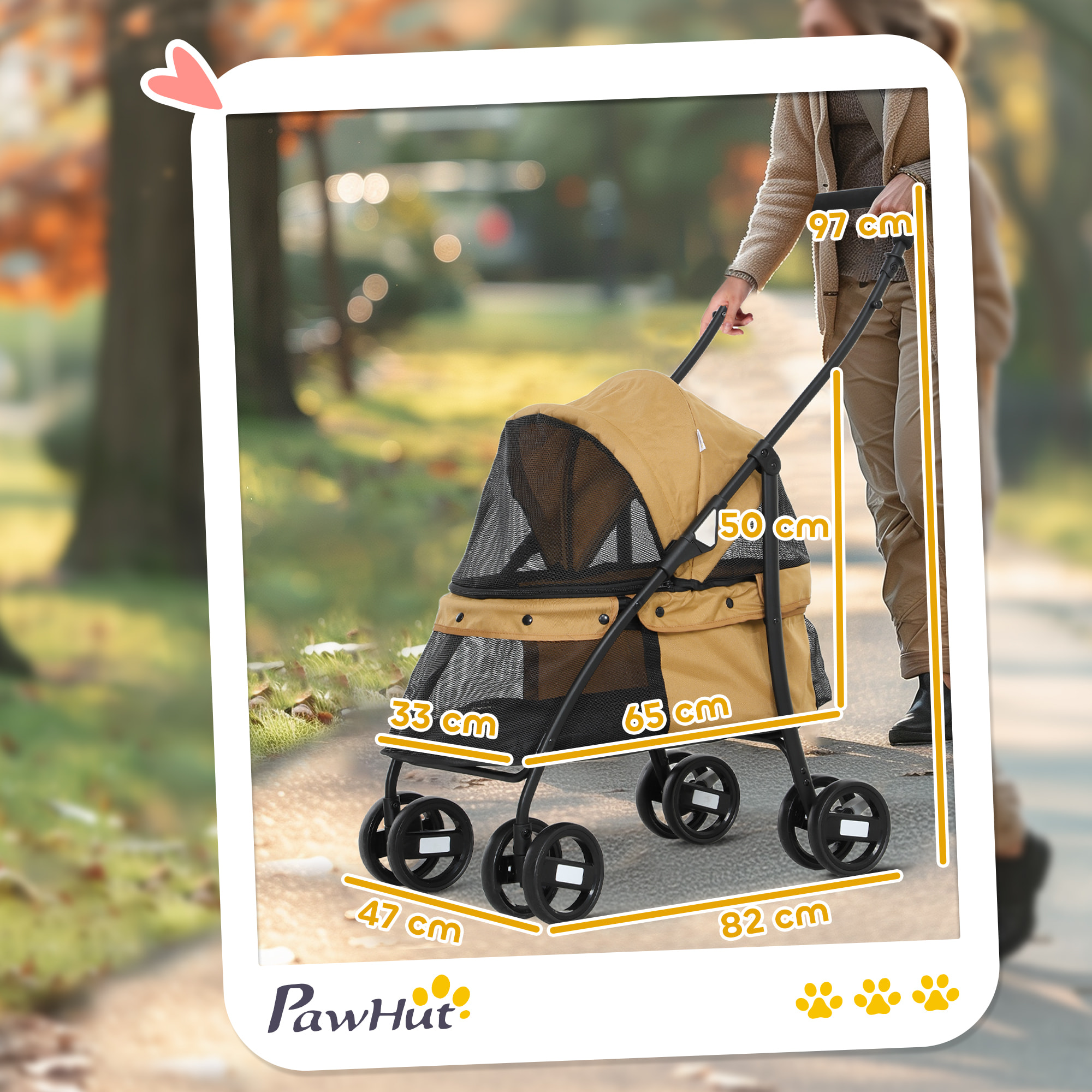 PawHut Carrito para Perros Plegable Cochecito para Mascotas Cochecito para Perros Pequeños con Ventanas de Malla Cojín Lavable Correas de Seguridad y Marco de Acero Café