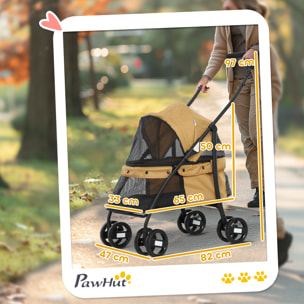 PawHut Carrito para Perros Plegable Cochecito para Mascotas Cochecito para Perros Pequeños con Ventanas de Malla Cojín Lavable Correas de Seguridad y Marco de Acero Café
