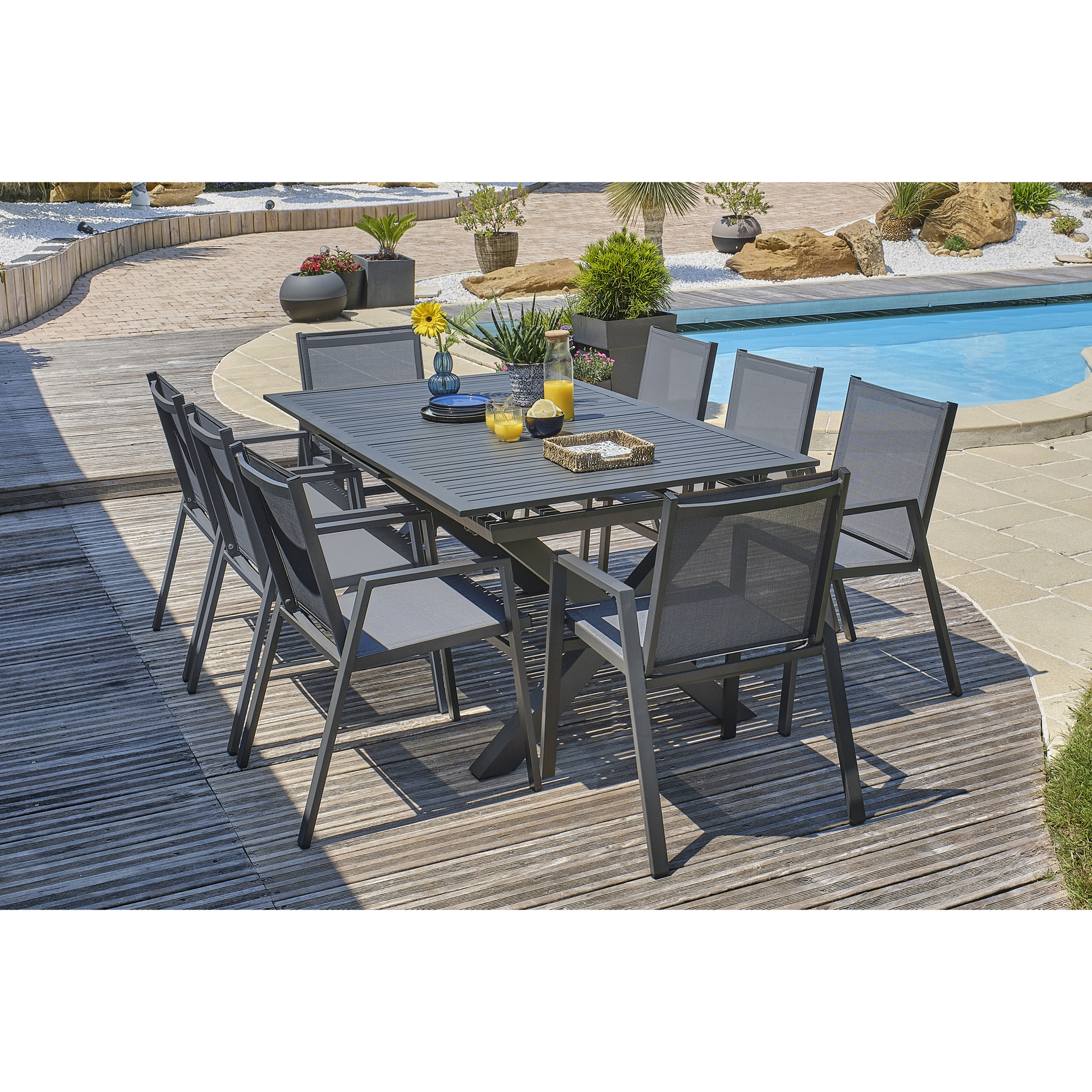 FLORIDE - Ensemble repas de jardin 8 places en aluminium gris anthracite