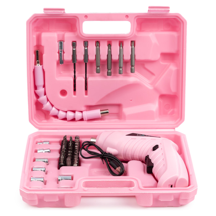 Destornillador eléctrico inalámbrico, con caja de herramientas de 46 accesorios.