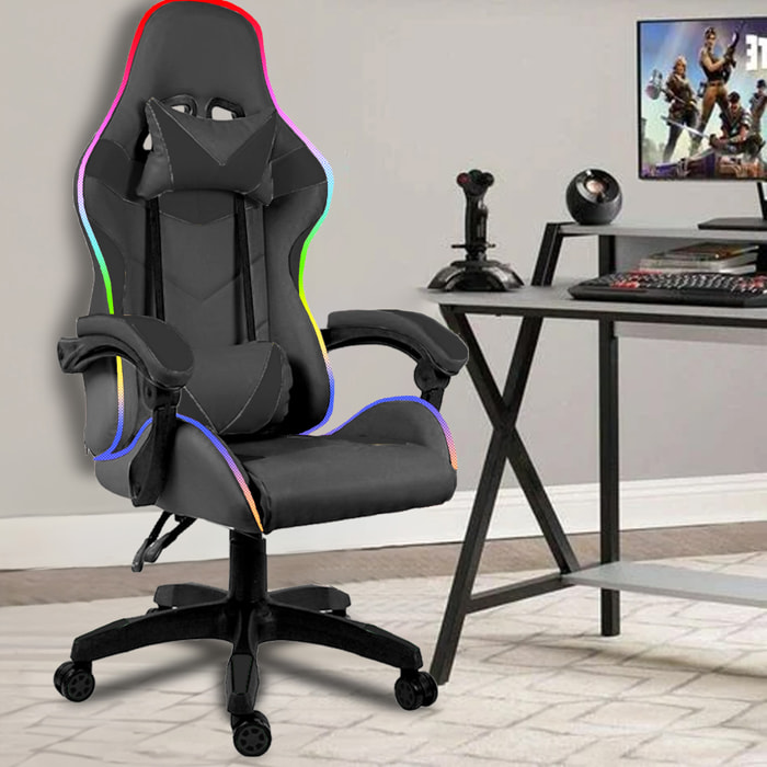 Sedia Gaming Con LED RGB Telecomando Poltrona Ufficio Scrivania Casa PC Racing Girevole Ergonomica Ecopelle Cuscino Lombare Poggiapiedi Nero