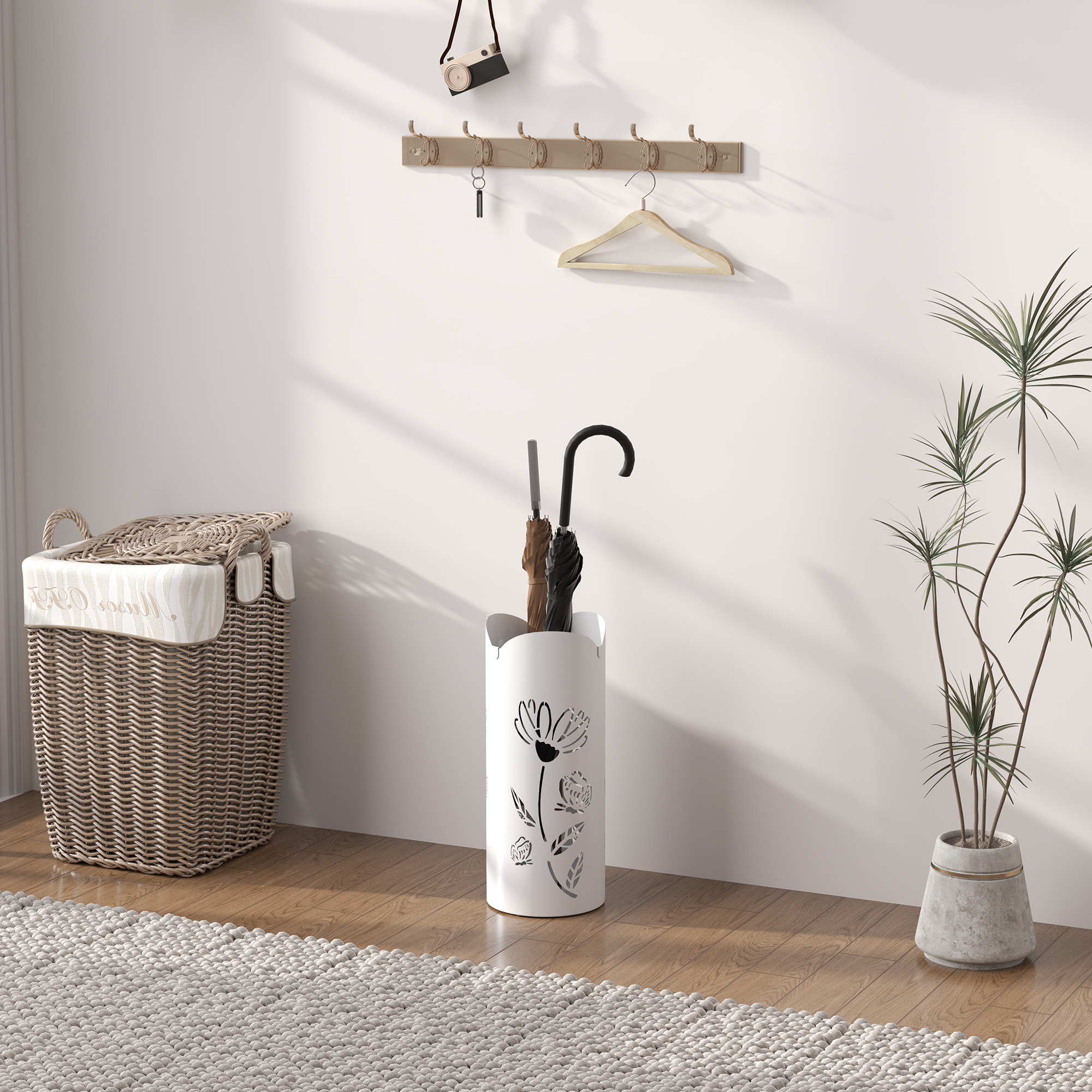 ParagÃƒÂ¼ero de Acero Soporte de Paraguas con 4 Ganchos y Bandeja de Goteo Extraíble ParagÃƒÂ¼ero Blanco para Entrada Oficina 17x17x41 cm