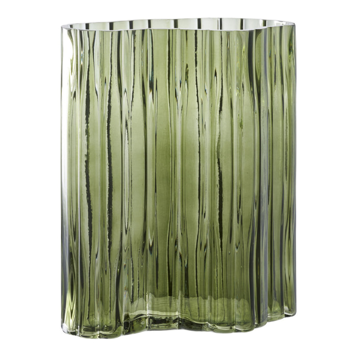 Vaso in vetro fumé verde con texture costolata 21x12x26,5 cm