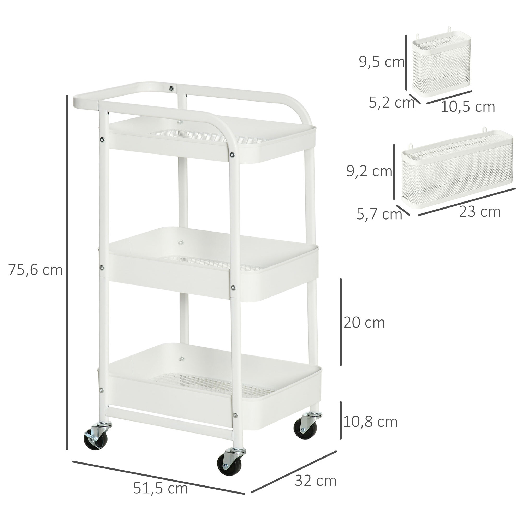 HOMCOM Carrito de Cocina de Acero con Ruedas Carro de Almacenamiento de 3 Niveles 4 Ganchos Asa 2 Cestas Colgantes y Frenos para Baño Salón Dormitorio 51,5x32x75,6 cm Blanco