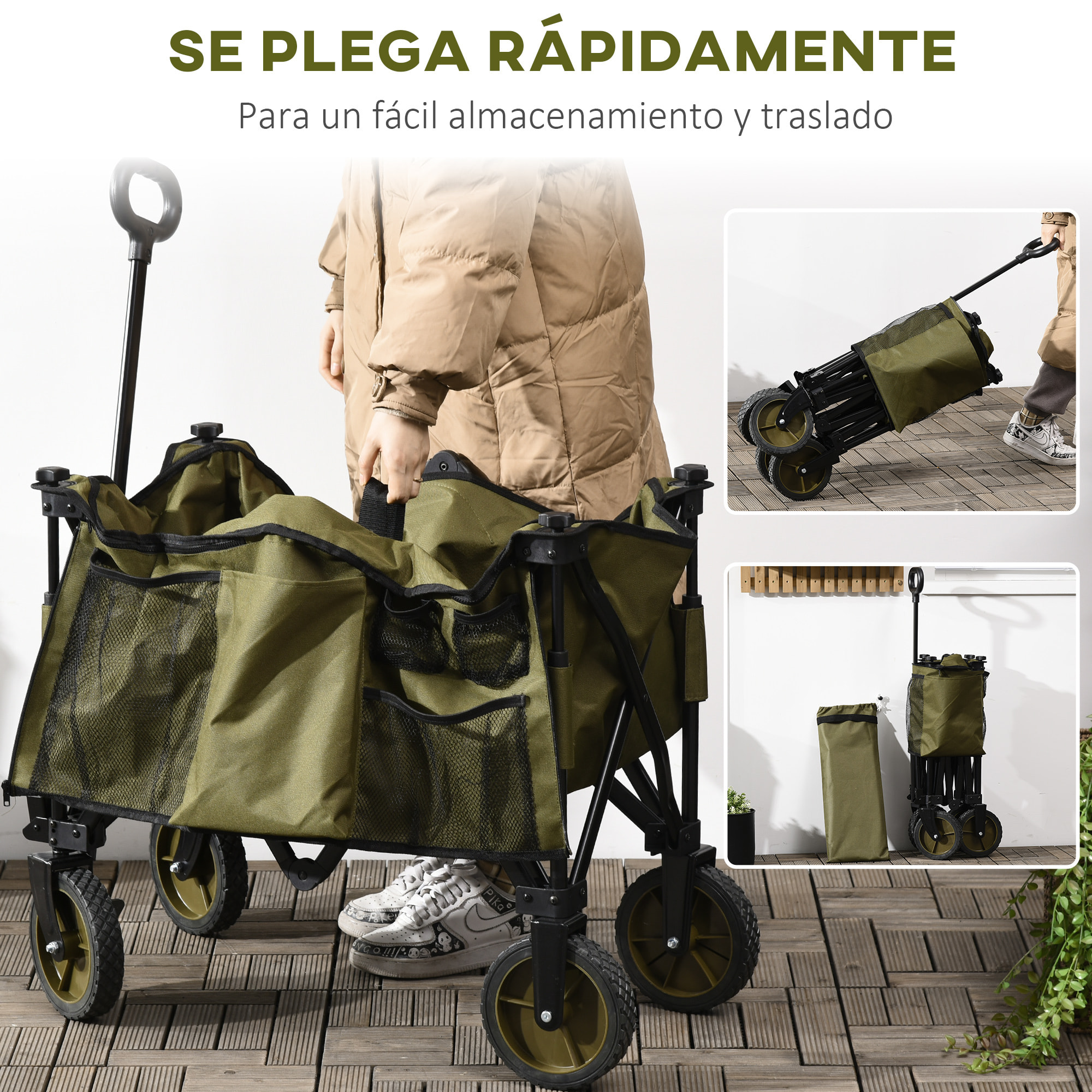 Carro Plegable de Jardín con Mango telescópico 5 Bolsas para Playa 108x55x93 cm