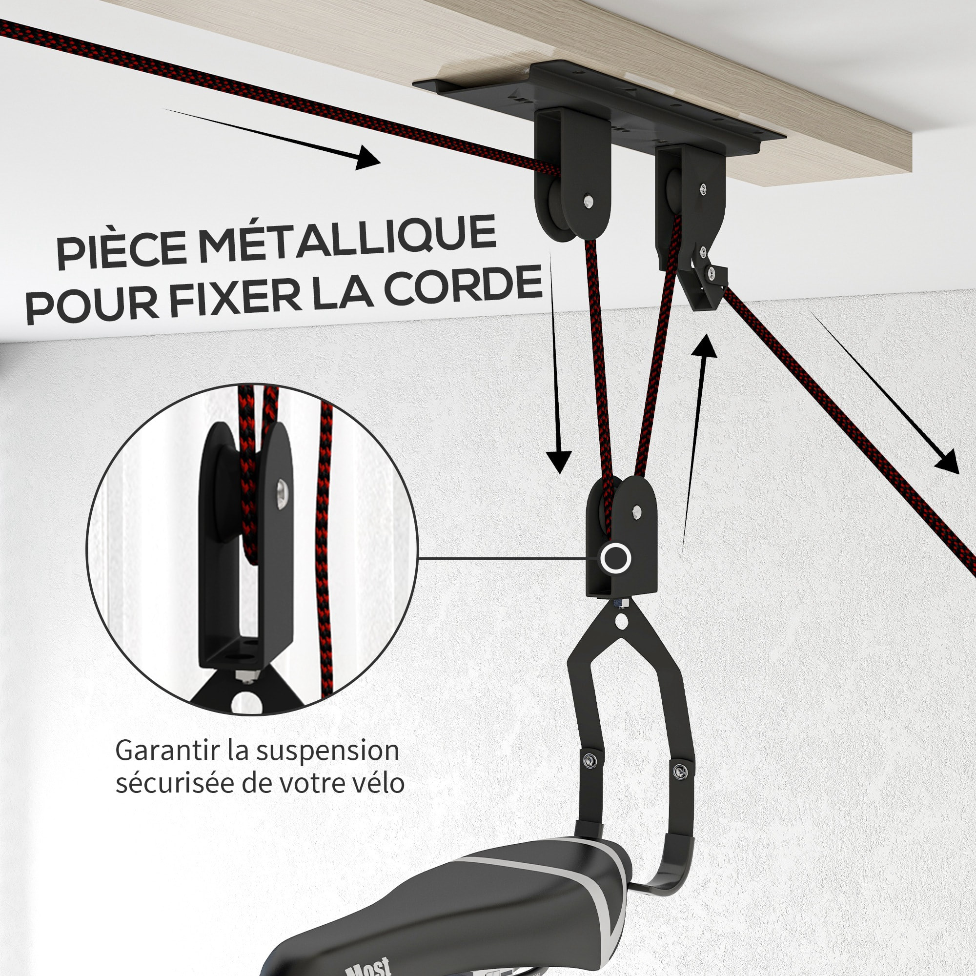 Élévateur de vélo support vélo plafond fixation murale ascenseur vélo avec poulie mécanisme de verrouillage capacité de chargement 20 kg acier noir