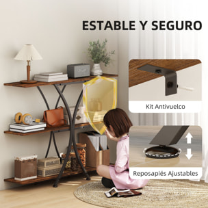 Mesa de Consola de 3 Niveles, Mesa de Sofá Industrial con 2 Estantes Abiertos y Marco Metálico en X, Consola para Recibidor Estrecha, para Salón, Pasillo, Entrada, Marrón Rústico