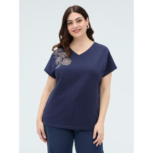 Fiorella Rubino - T-shirt in cotone con applicazione floreale - Blu