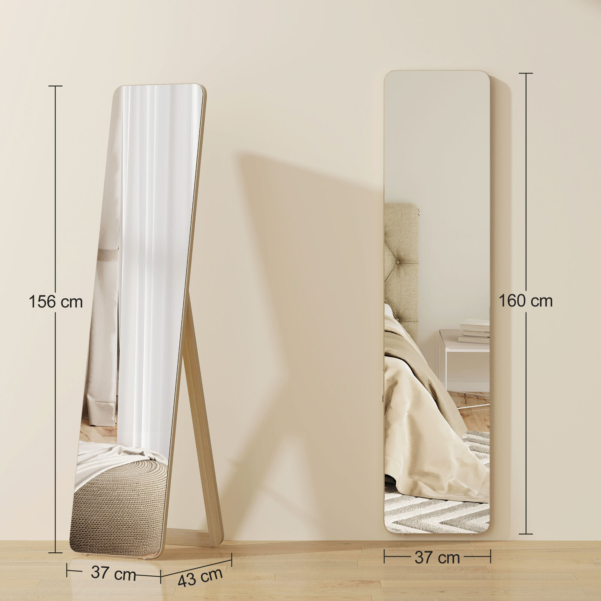 Miroir sur pied et mural rectangulaire dim. 37L x 43l x 156H cm verre MDF bois clair