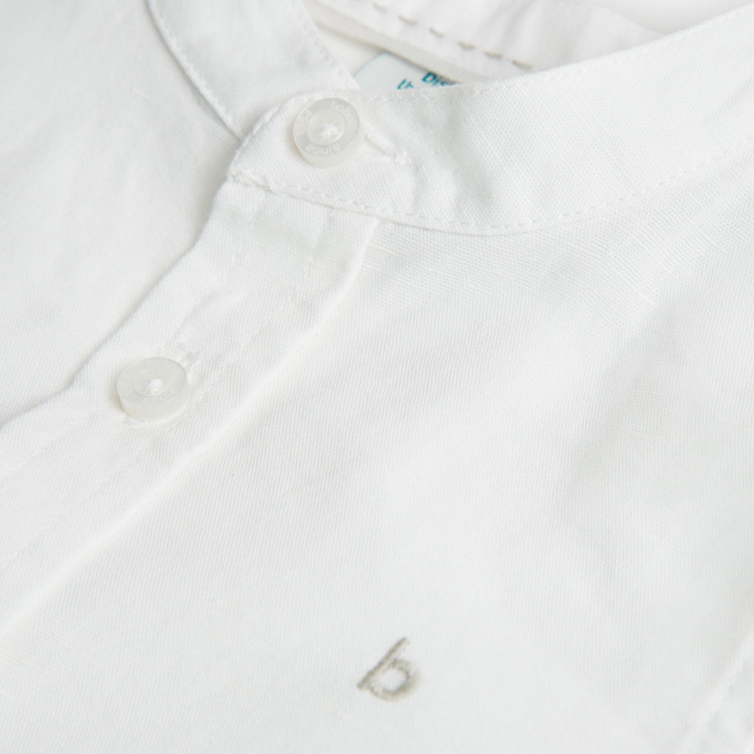 Camisa larga niño, lino estampada lisa, cuello mao, blanco