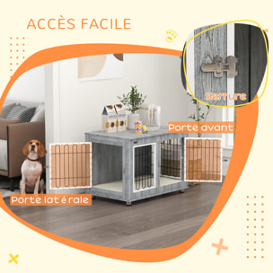 Cage pour chien sur pied - 2 portes verrouillables, coussin déhoussable inclus - acier filaire noir panneaux aspect bois gris