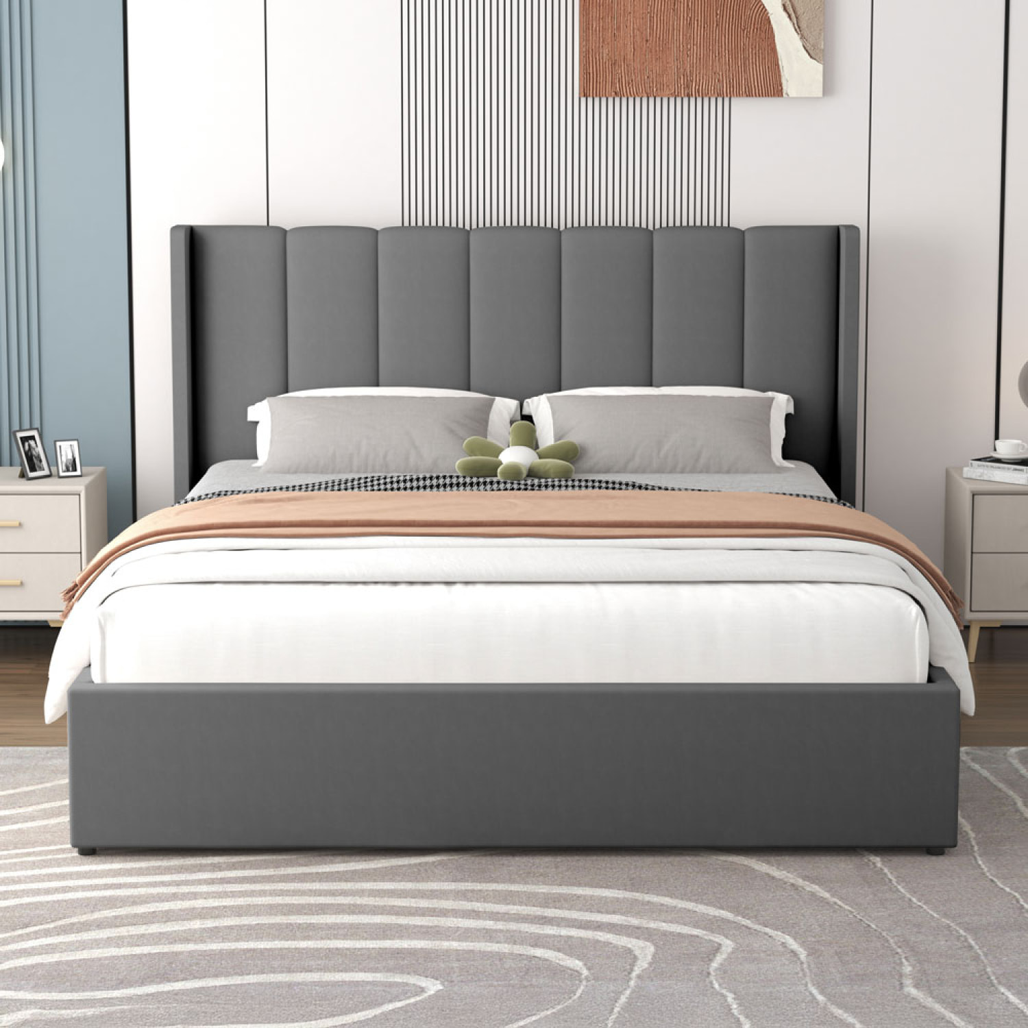 CARSON Lit design avec coffre de rangement 160x200cm en velours gris