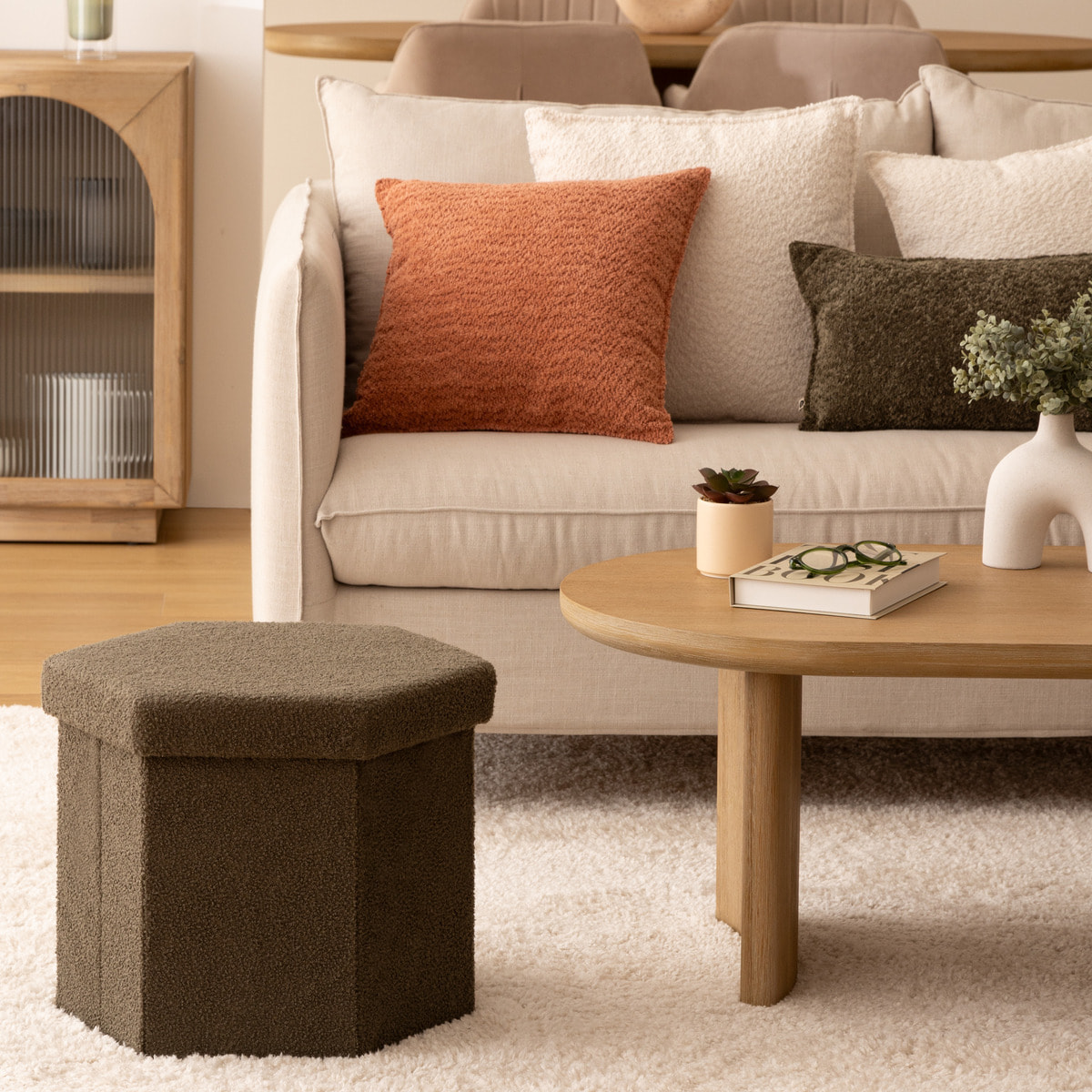 Pouf pliant "Jaiko" en bouclette 40x38cm vert kaki