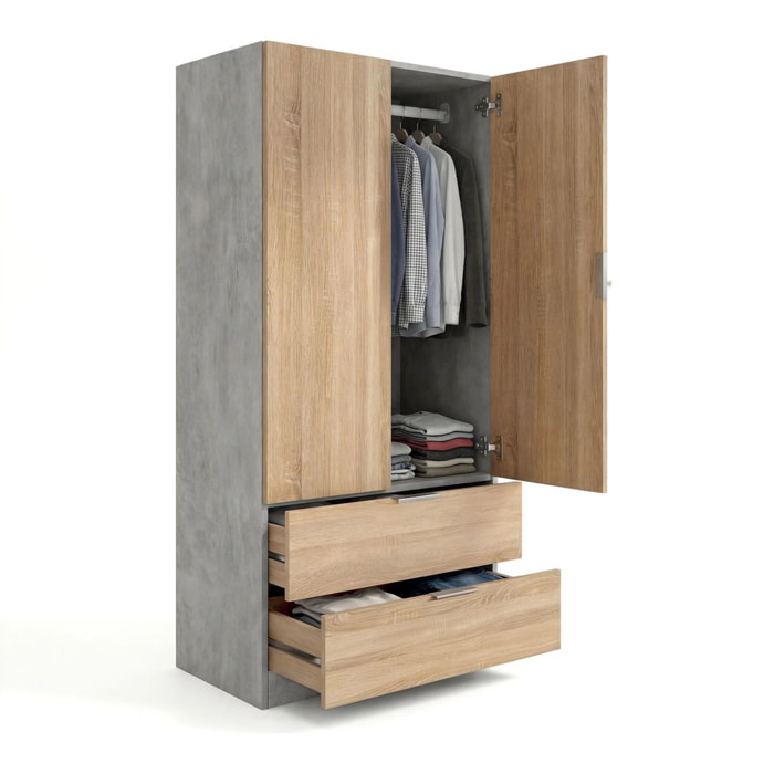 Armario de 2 puertas y 2 cajones en gris cemento y roble canadian 81,5x180 cm Lark Gris Cemento - Roble Canadian